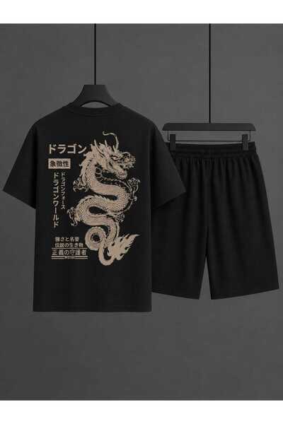 LOTS MODA Oversize Dragon Printed Men's T-Shirt Shorts Set