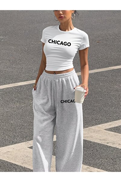 macklin Women's Chicago Printed Baby Tee Combed Cotton Crop and Sweatpants - ...