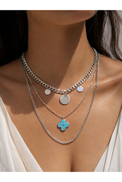 Elmosia Jewelry Çoklu Kombin Turkuaz Yonca Figürlü Katlı Gümüş Renk Pullu Zin...