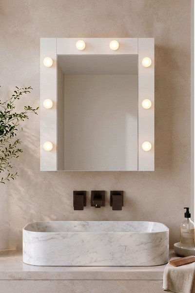 Yurudesign Yoda Led Işıklı Aynalı Kapaklı Banyo Dolabı Lavabo Üstü Dolap Beya...