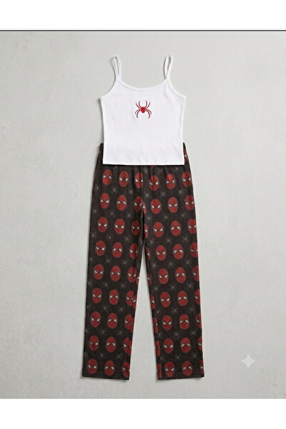 Violon Women's Spider Web Strap Crop Top and Spiderman Patterned Pajama Botto...