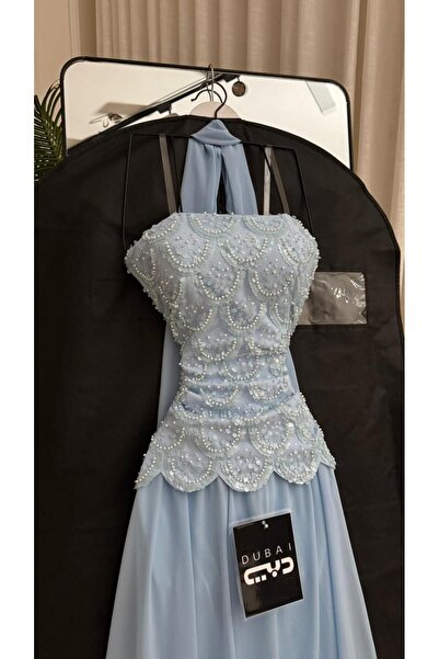 FASHION Soft Sky Blue Evening Gown, Featuring a Halter Neckline and a Delicat...