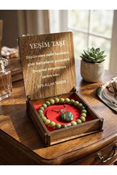 Meneva Aksesuar Jade Stone Natural Stone Wooden Boxed Necklace and Bracelet Set
