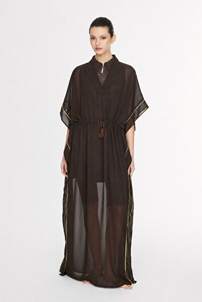 Haşema Tassel Detailed Brown Long Pareo with Yellow Piping 1001