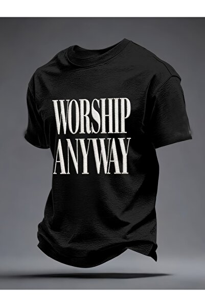 LİNA06 تي شيرت رجالي بطبعة 'Worship Anyway' مع رسومات الصليب والحروف، قميص بي...