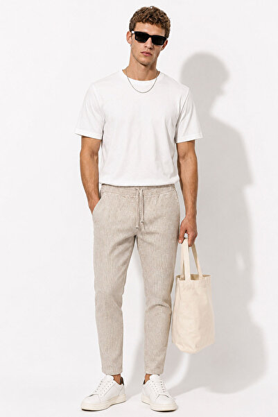 VENA Men's Alfred Elastic Waist Striped Linen Trousers - Brown Striped