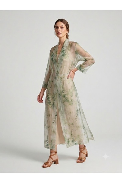 centilmen Bize Fashion Bamboo Patterned Transparent Tulle Kimono Dress 1124
