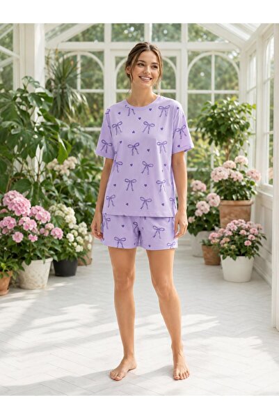 LANA HOMEWEAR LİLA KISA KOL FİYONK BASKILI YUMUŞACIK MİLAN ŞORTLU PİJAMA TAKIMI.