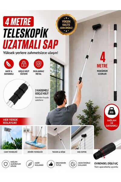 Ceyhanlar 4 Metre Teleskopik Uzatma Sapı 3 Kademeli Metal Sırık Cam Silme Boy...