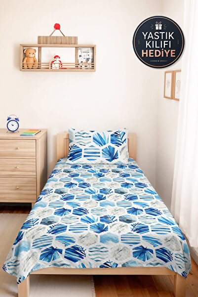 Evimde Bambaşka Blue Tropical Geometric Teen Room Single Pique Set - Marine 1...