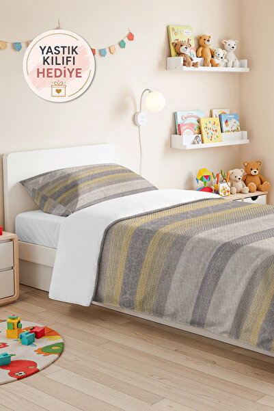 Evimde Bambaşka Gray Striped Geometric Single Pique Set - Modern Yellow Beige...
