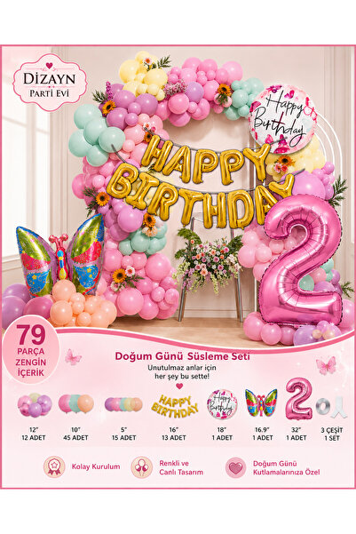 Dizayn Parti Evi 79 Parça Kelebek Temalı Doğum Günü Süsleme Seti Pastel Pembe...