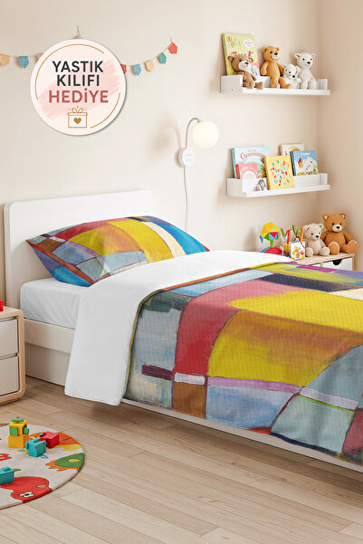 Evimde Bambaşka Geometric Yellow Blue Young Room Single Pique Set - Modern Co...