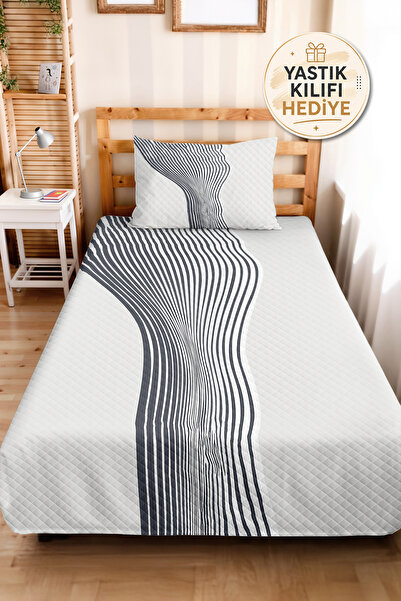 Evimde Bambaşka Gray Geometric Modern Young Room Single Pique Set - Striped 1...