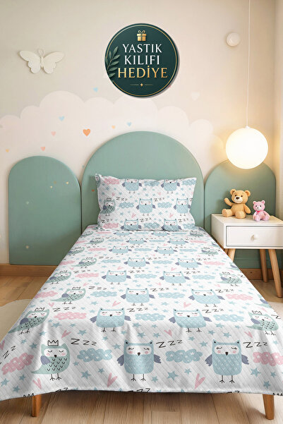 Evimde Bambaşka Sleepy Owl Blue Children's Room Single Pique Set-Cloud Star 1...