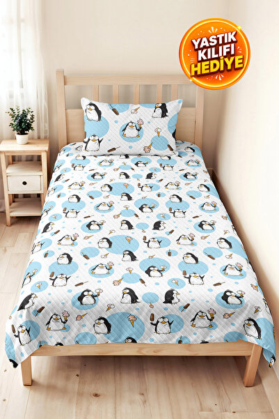 Evimde Bambaşka Penguin Blue Children's Room Single Pique Set - Cute Modern B...