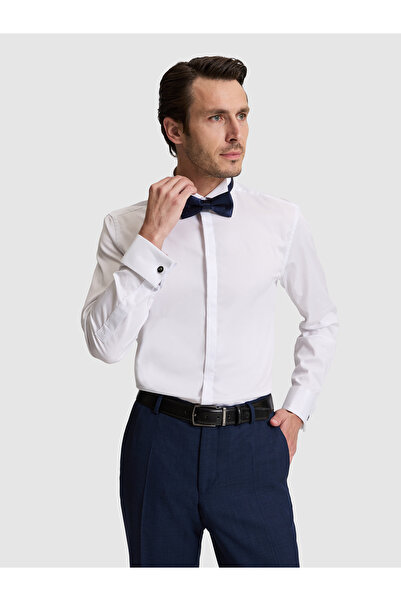 Cacharel White Slim Fit Cotton Blend Stand Collar Tuxedo Shirt 50324587-Vr013