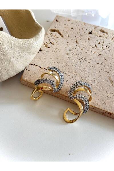 ANKA JEWELLRY أقراط نسائية من الفولاذ باللون الذهبي والفضي بتصميم مموج مرصعة ...