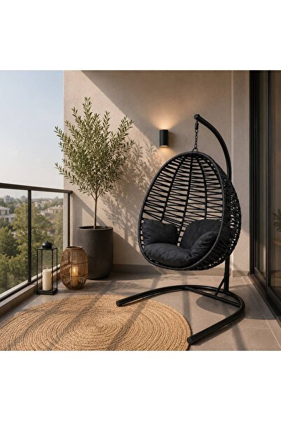 Pawentra Armut Salıncak Tek Kişilik Makrome Siyah Ip Örgü Bahçe Balkon Ev Sal...