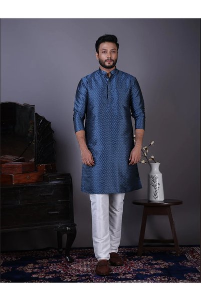 Devoiler Mens Self Design Cotton Silk Kurta Set