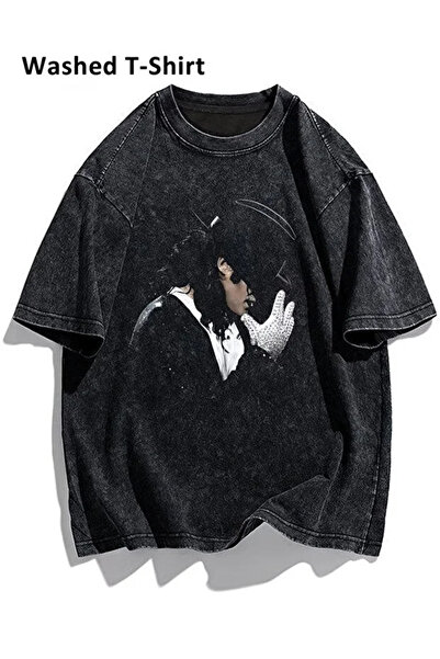 Violon Micheal Jackson Hat Printed Black Washed Vintage Unisex Oversize T-Shirt