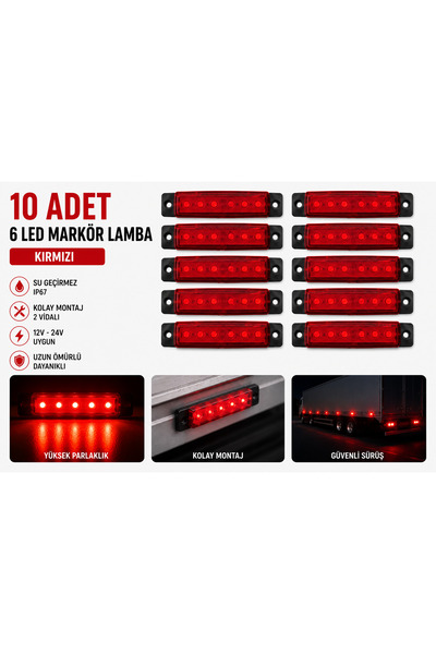 Genel Markalar 10 Adet 6 Ledli Kırmızı Markör Lamba Seti Römork Tekne Tır Kam...
