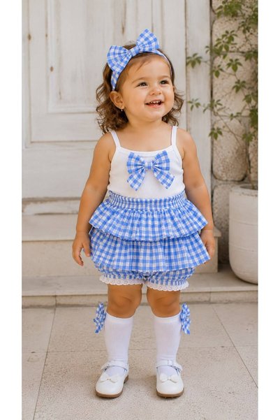TREND NATURAL Baby Girl 4-Piece Summer Set Cotton Badi Ruffle Shorts Skirt Hair Band and Socks Pink Red Blue