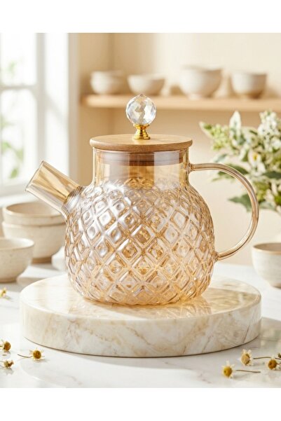 Home Heat Resistant Diamond Pattern Glass Teapot – 1000 ml Amber Color with B...