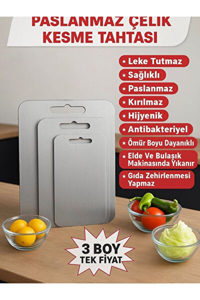Le Paon Paslanmaz Çelik Kesme Tahtası 3'lü Set Mutfak Hamur ve Doğrama Tahtası