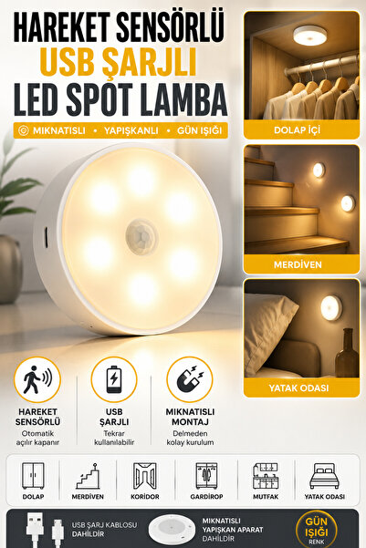 Hane Dostu Hareket Sensörlü USB Şarjlı LED Spot Lamba Mıknatıslı Yapışkanlı D...