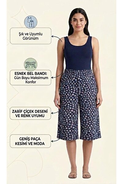 VİP BERA TEKSTİL Kadın Lacivert Zarif Çiçekli Yumuşak Dokulu Pamuklu Penye Be...