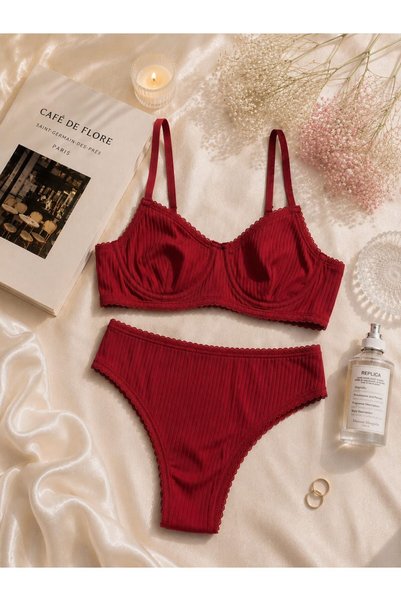 ELANORAFORYOU Elanora Women's Ribbed Bra Panty Set Lace Trim Ribbed Underwear Set Daily Use Red