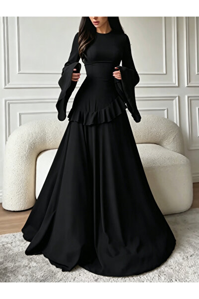 Take Two By Styli Black Ruffle Detail Bell Sleeves Maxi Dress
