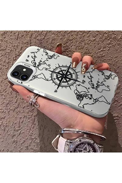 SLIMFELT iPhone 12 Mini Uyumlu Sade siyah çizgi harita pusula baskılı yumuşak...