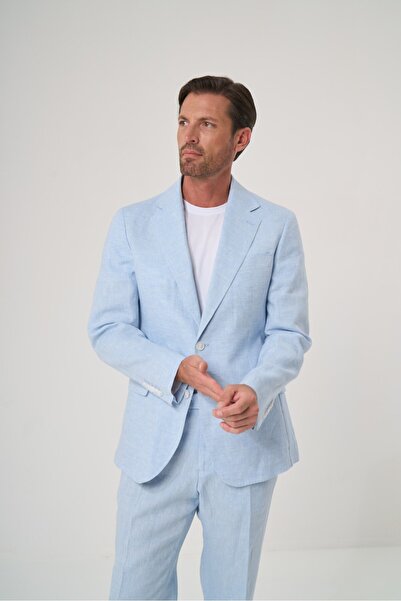 Velvarde Linen/Mono Collar Double Slit Jacket Blue