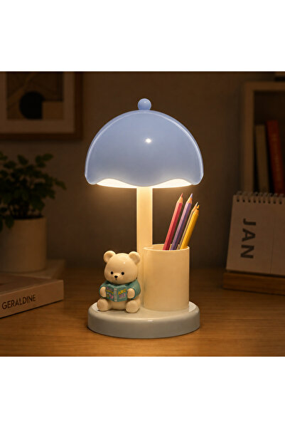Coverzone Ayıcıklı LED Masa Lambası USB Şarjlı 3 Kademeli Kalemlik Telefon St...