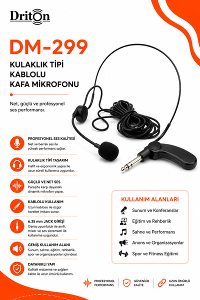 DRİTON DM-299 KABLOLU KULAKLIK TİPİ 6 METRE KABLOLU KAFA MİKROFON