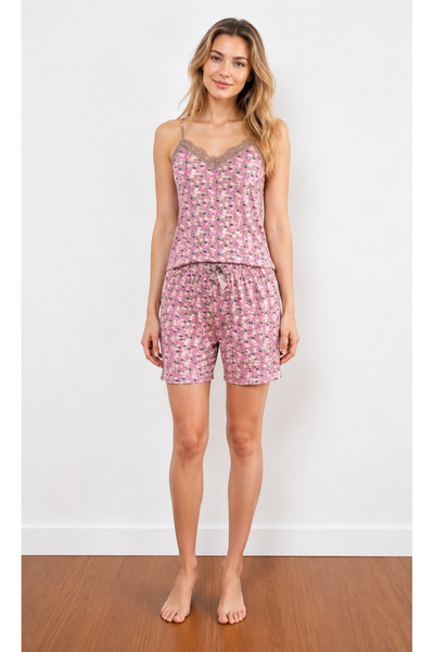 oncepetcom Women's Cotton Patterned Lace Bottom and Top Pajama Set