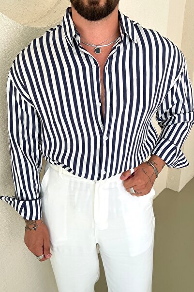 OUTFİT MAN Plee Striped Comfortable Fit Shirt Navy Blue