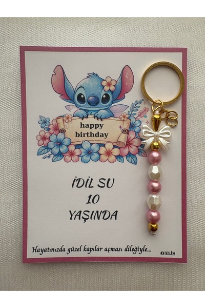24 Adet Kişiye Özel Sevimli Mavi Karakter Temalı İnci Boncuklu Fiyonklu Anahtarlık Hediyelik – Doğum Günü Hatırası Kartlı Dağıtmalık