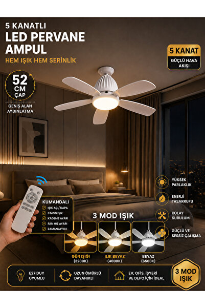 kialed Kumandalı 5 Kanatlı LED Pervane Ampul E27 Fanlı Tavan Lambası 3 Mod Iş...