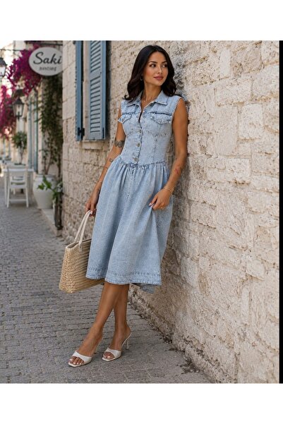 Budan Export Women's Blue Shirt Collar Zero Sleeve Pocket Buttoned Flared Ski...