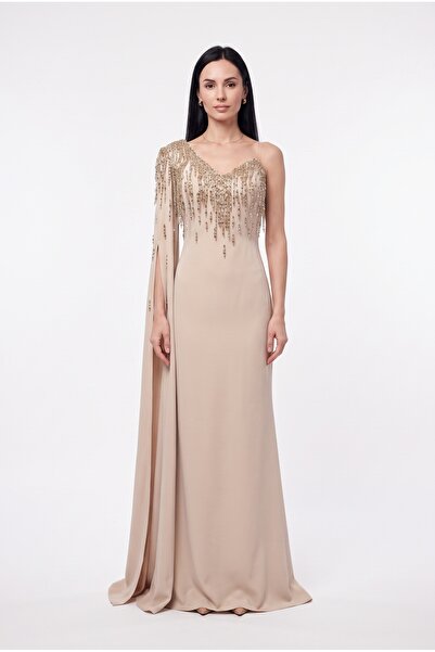 BDM Exclusive Couture Tek Omuz Taş Detaylı Uzun Abiye Elbise