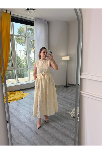 eyatelier Motifli elbise gold kemerli