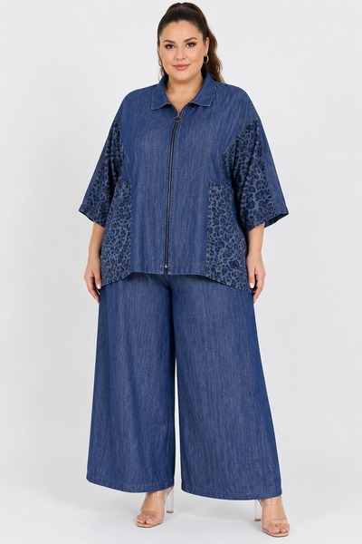 DARKWIN Plus Size Zippered Denim Suit with Leopard Pattern Detail, Capri Slee...