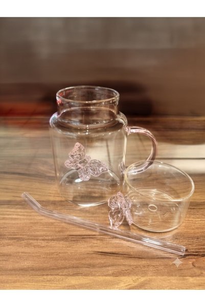 ASSA BAZAAR Butterfly Figured Glass Mug with Lid and Straw for Cold Drinks and Coffee