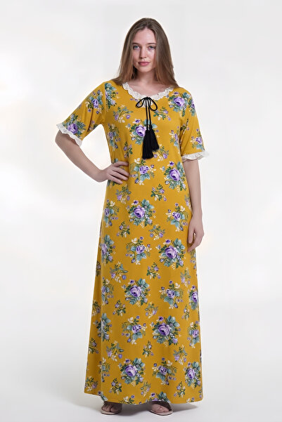 al bent al sharqieh Women's Mustard Cotton Floral Homewear Dress