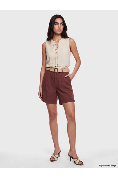 LC Waikiki Brown Pleated Women's Jean Shorts with Belt