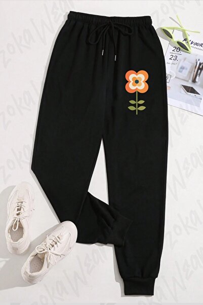 ZOKAWEAR Unisex Retro Flower Orange and Charcoal Printed Sweatpants