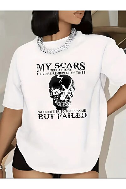 12 Teknoloji Women's White-Look Black Short Sleeve T-Shirt with Skull Scarf P...